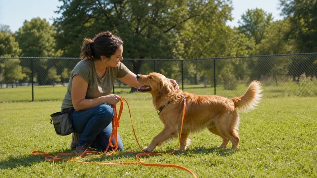 Dog happily returning to owner during successful recall training