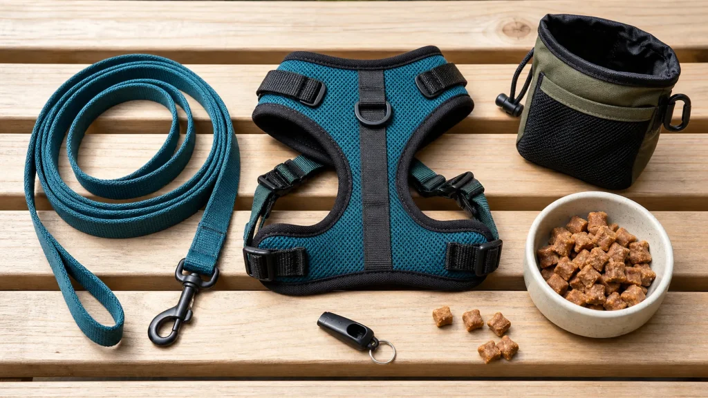Recall training tools including a long line, harness, treat pouch, whistle, and treats