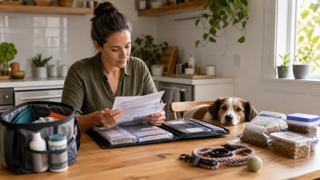 Owner checking pet medical records, vaccine papers, and microchip information