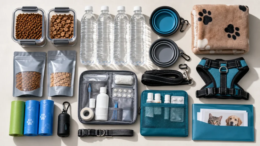 Organized pet evacuation supplies including food, water, bowls, leash, documents, and first aid kit