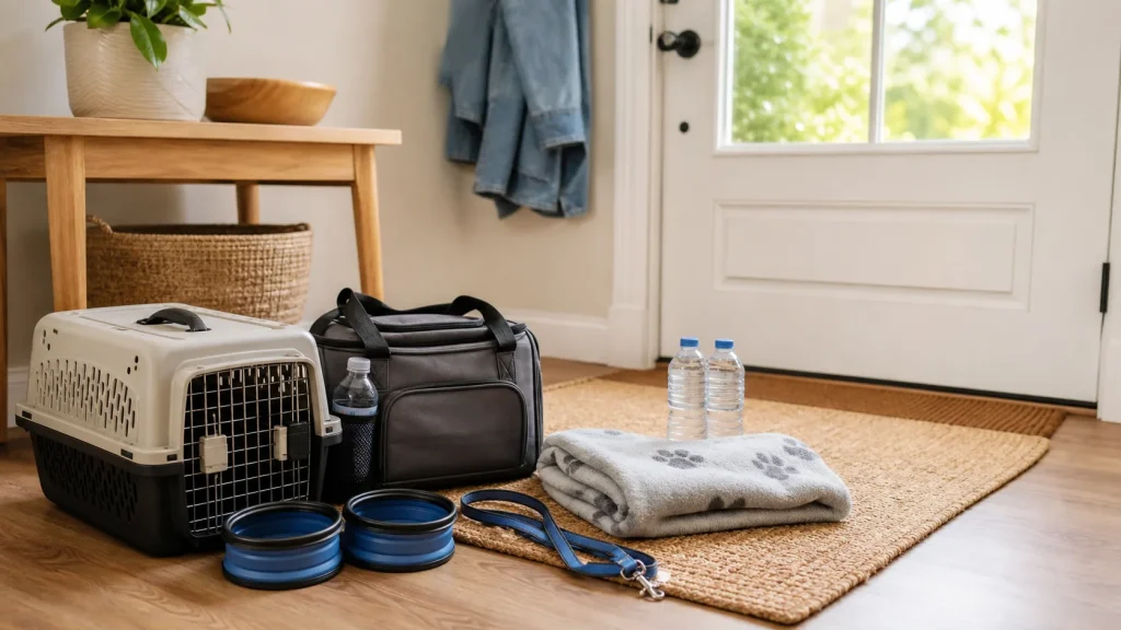 Ready pet emergency kit stored neatly by the front door with leash and carrier