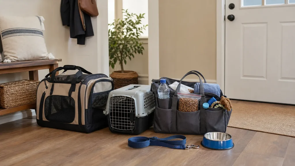 Dog and cat carriers placed near an emergency go bag by the front door