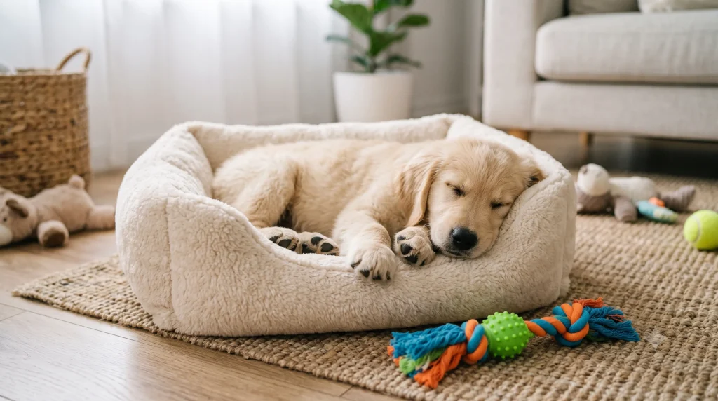 Golden retriever puppy resting in a cozy bed after playtime