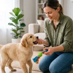 Dog owner redirecting an excited puppy from hand biting to a rope chew toy