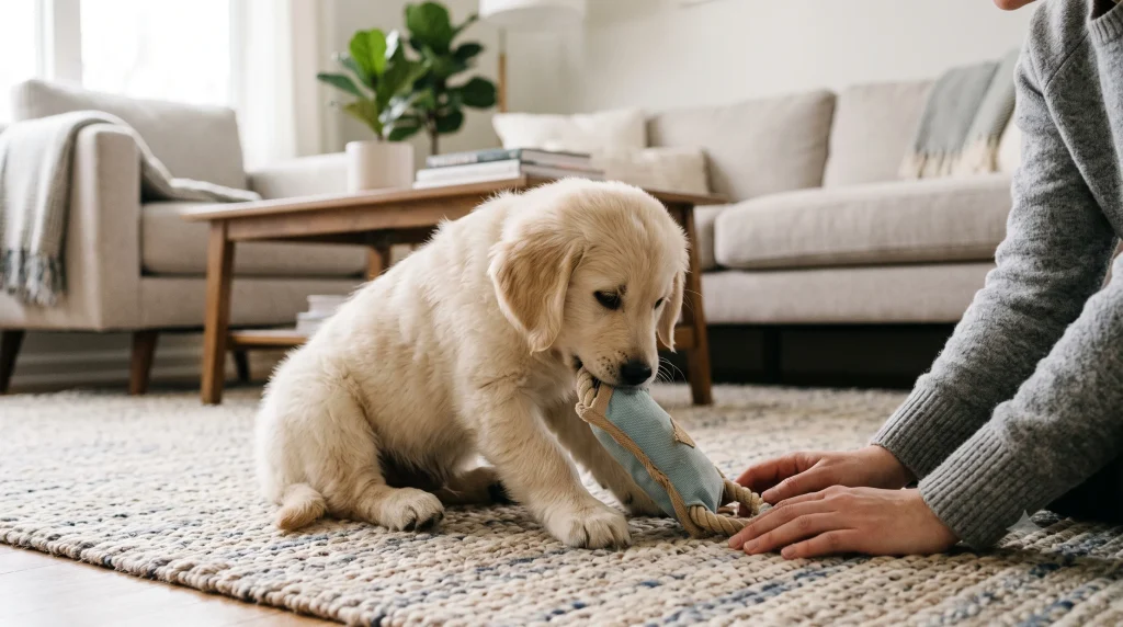 Puppy chewing a safe toy during positive reinforcement training