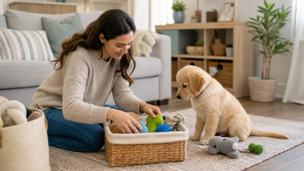 Dog owner organizing puppy chew toys in a basket while a puppy watches