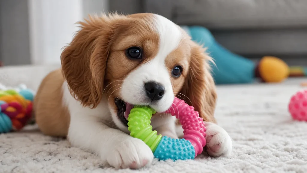 Puppy chewing a colorful rubber teething toy on a soft rug