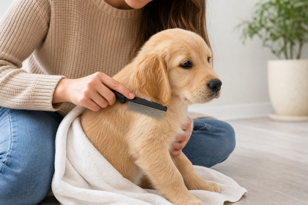 Owner checking a puppy’s coat with a flea comb