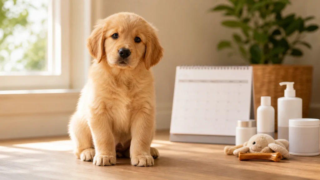 Fluffy Golden Retriever puppy sitting on a sunlit wooden floor beside a blurred veterinary calendar and pet health products