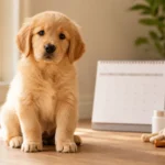 Fluffy Golden Retriever puppy sitting on a sunlit wooden floor beside a blurred veterinary calendar and pet health products