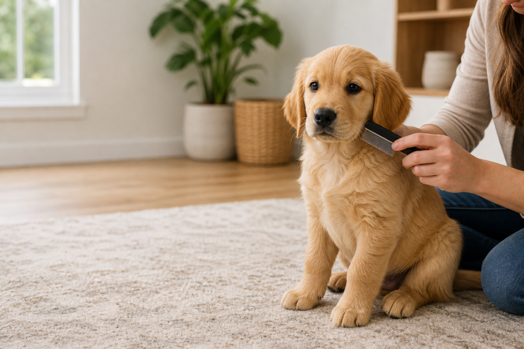 Puppy being checked with a flea comb for flea and tick prevention