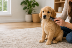 Puppy being checked with a flea comb for flea and tick prevention
