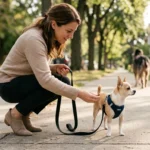 Owner rewarding a Chihuahua in a front-clip harness while a larger dog passes at a safe distance.