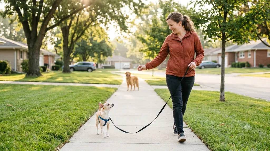 Owner using a cheerful emergency U-turn to guide a Chihuahua away from a distant dog on a loose leash.