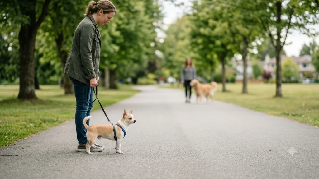 Chihuahua calmly watching a distant dog during Look At That leash-reactivity training.