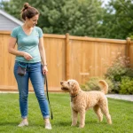 Owner supervising a dog in a clean backyard after a potty break