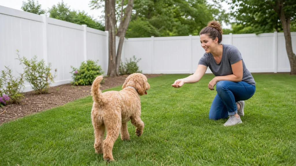 Dog turning away from a potty area to receive a reward from owner