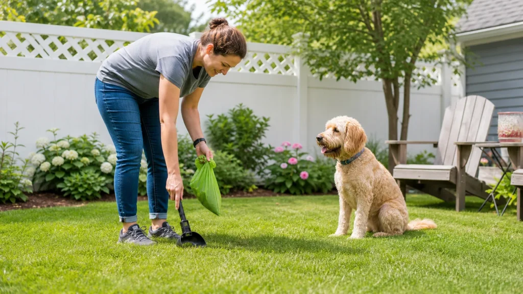 Owner picking up yard waste with a scoop and bags to prevent coprophagia