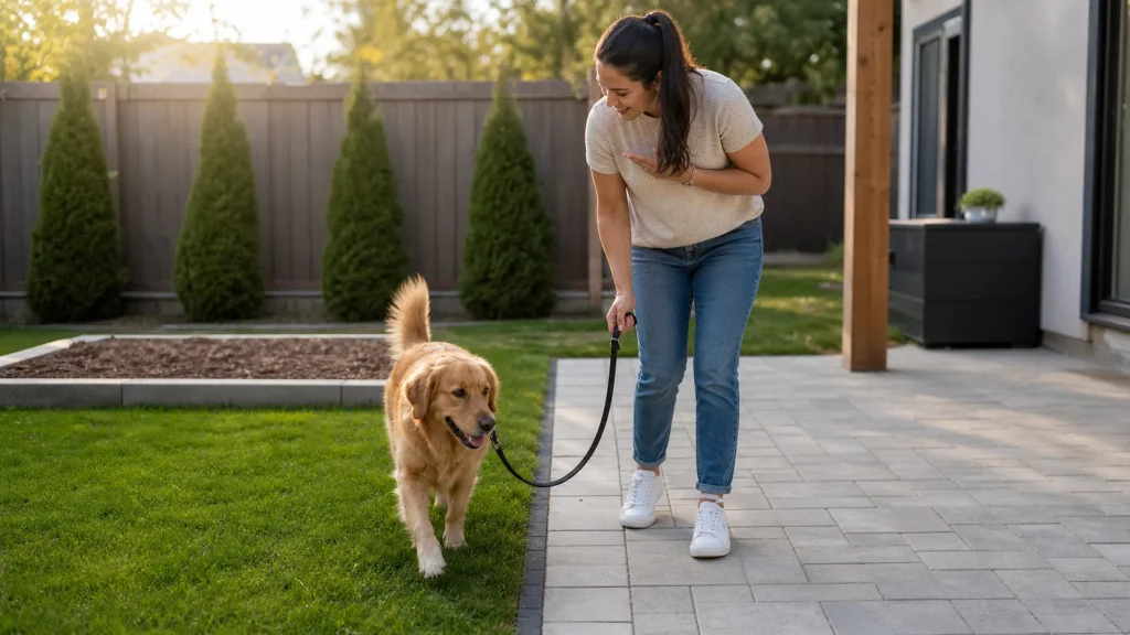 Clean backyard with dog calmly leaving the potty area after training