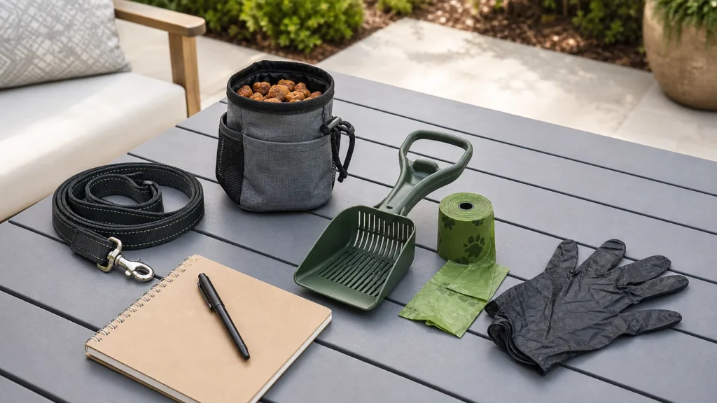 Coprophagia prevention tools including leash, treat pouch, yard scoop, and poop bags