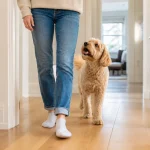 Dog following owner through a bright home hallway in a calm everyday scene