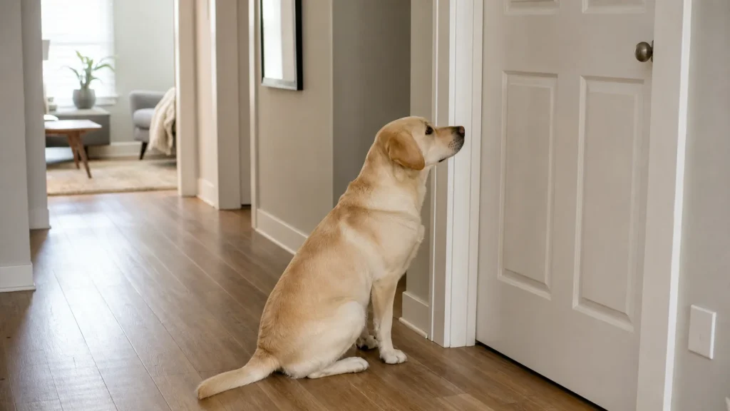 Clingy dog waiting near a bathroom door while owner creates gentle boundaries