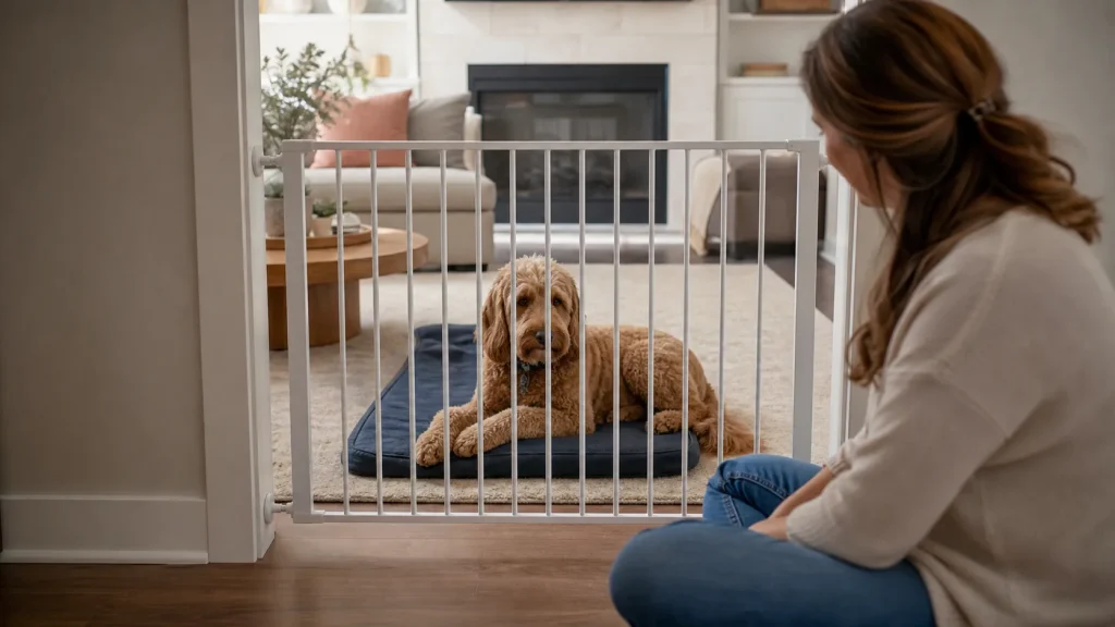 Dog settling on a mat behind a baby gate while owner practices short separation