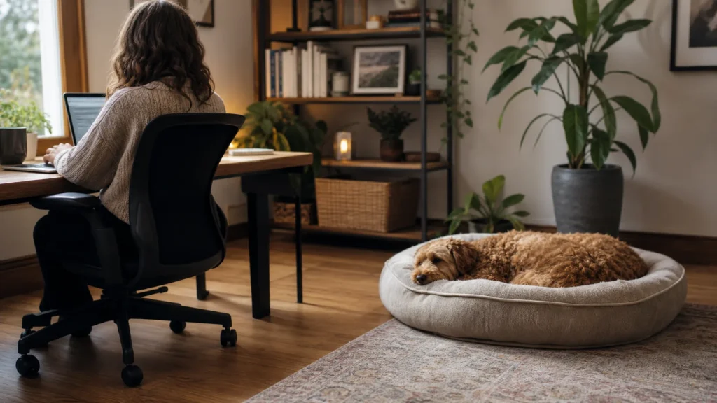 Dog relaxing independently on a bed while owner works nearby at home