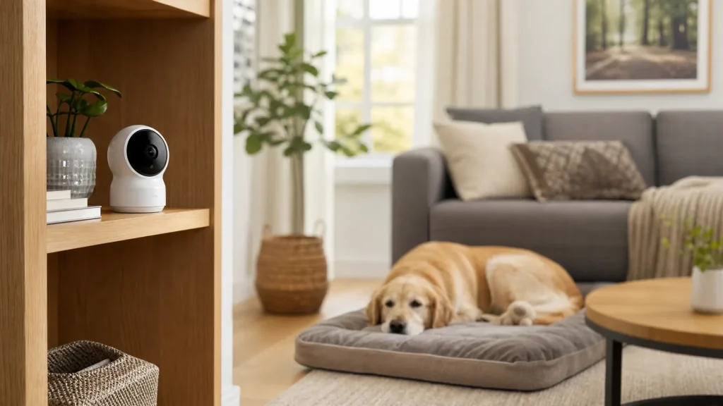 Pet camera view of a calm dog resting alone in a living room