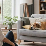 Dog resting on a couch while owner gives space calmly instead of reaching in
