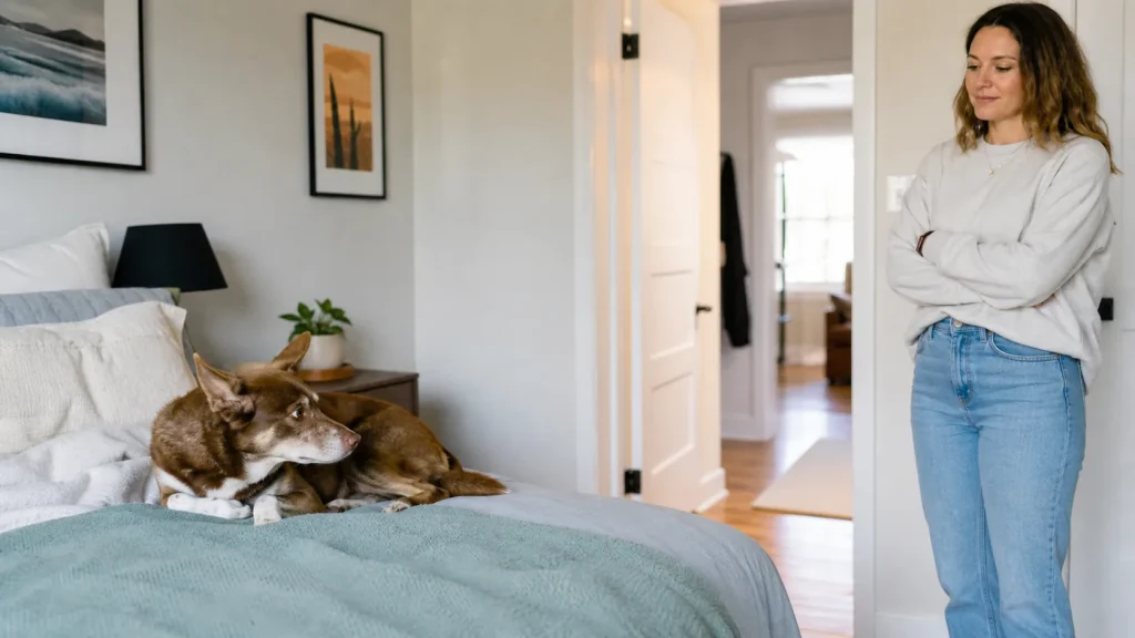 Dog guarding a resting spot with tense body language while owner keeps distance