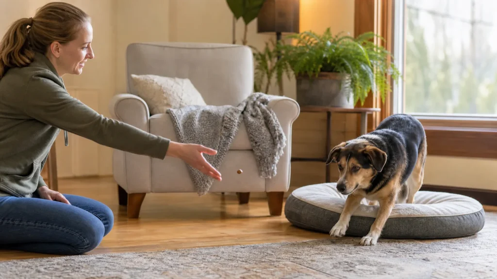 Owner tossing a treat away from a dog bed to cue voluntary movement