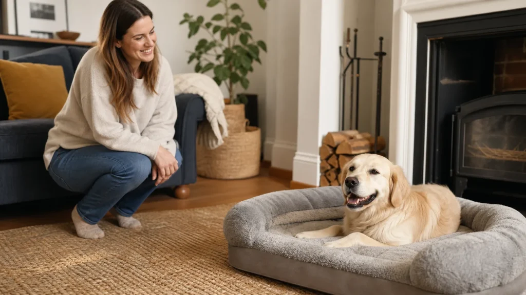 Dog choosing its own bed after a reward-based move cue