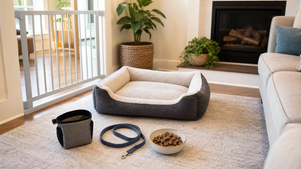 Management tools including baby gate, treat pouch, dog bed, and house line