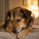 Dog calmly licking a paw on a bed at night while resting safely