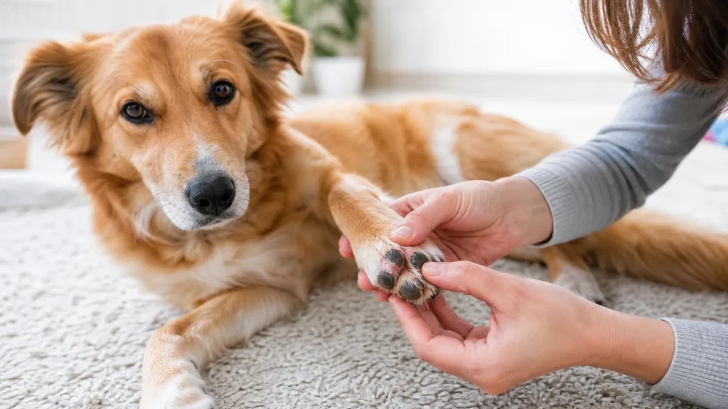 Dog paw showing mild irritation concern without graphic injury while owner observes calmly