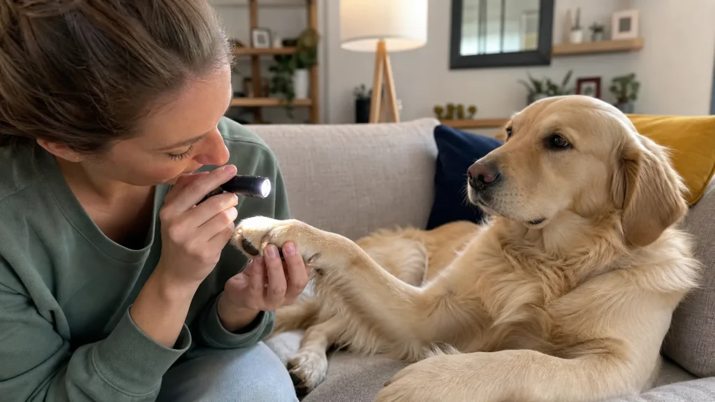 Owner gently inspecting a dog paw with a flashlight during a calm paw check