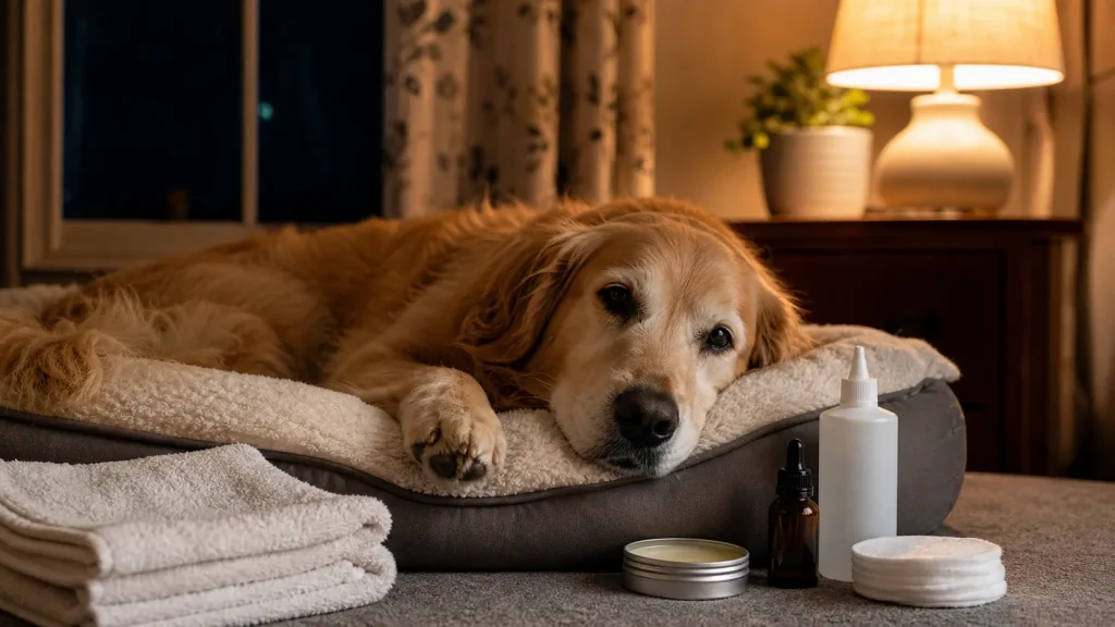 Dog resting calmly after a gentle paw care routine at bedtime