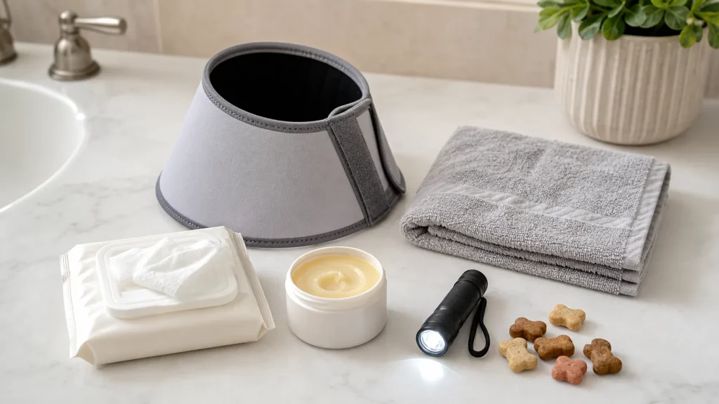 Paw care tools including wipes, towel, recovery collar, and paw balm on a clean surface