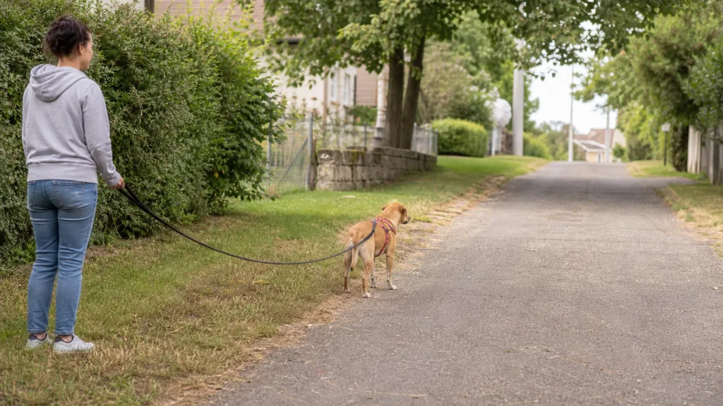 Dog hesitating on a quiet walk while owner calmly creates space