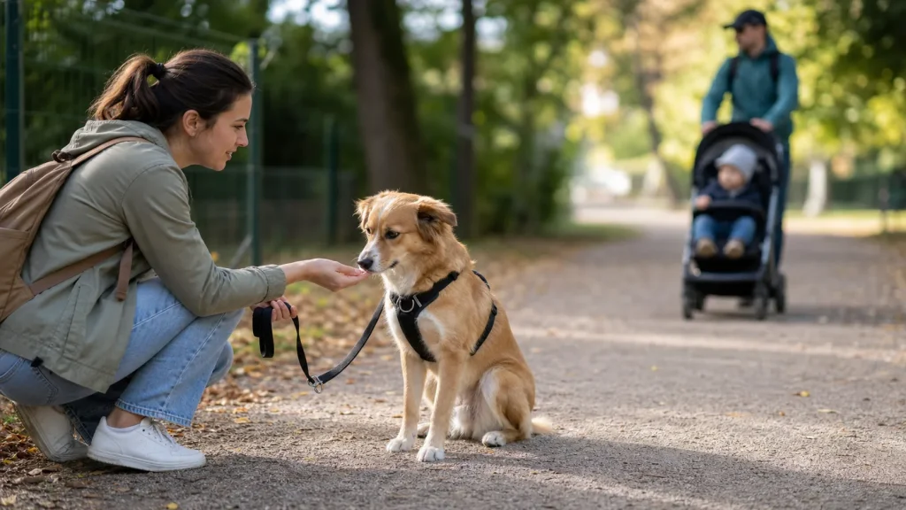 Owner rewarding a dog at a safe distance from a mild trigger