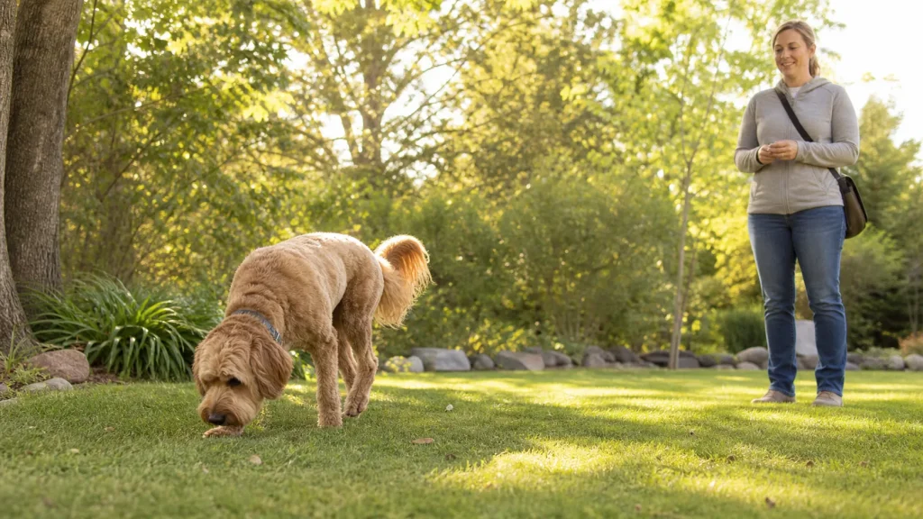 Dog calmly exploring after a confidence-building session with owner