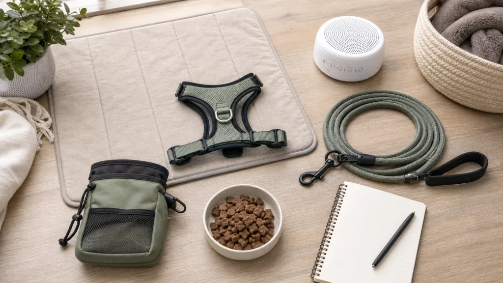 Fear support tools including mat, harness, treats, and white noise machine