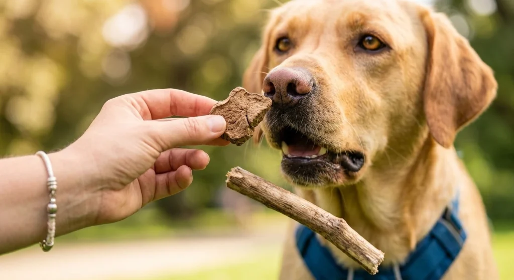 Using high-value freeze-dried dog treats to teach the drop it command through a scent swap.