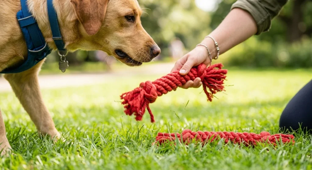 Demonstrating the two-toy method with identical heavy-duty rope toys to teach a stubborn dog to drop it.
