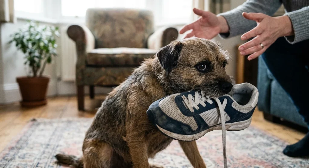 Stubborn terrier dog holding a shoe in its mouth and refusing to drop it, showing signs of resource guarding.