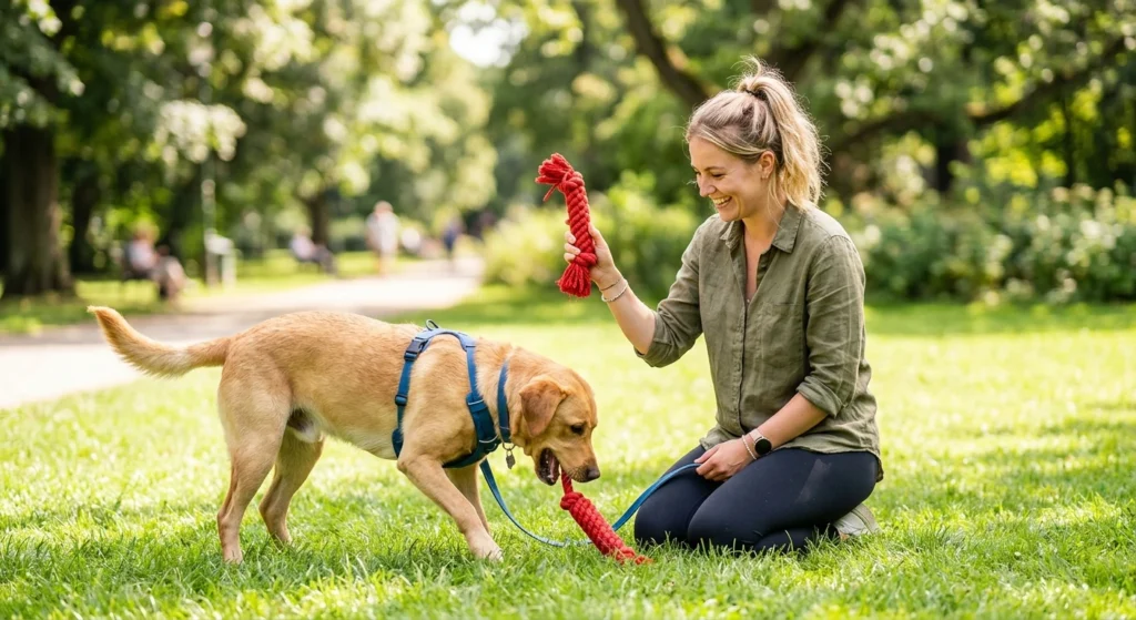 Dog owner successfully using the two-toy method to teach the drop it command to a dog in a park.