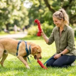 Dog owner successfully using the two-toy method to teach the drop it command to a dog in a park.