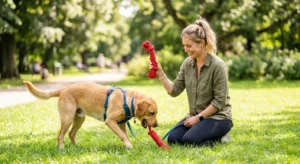 Dog owner successfully using the two-toy method to teach the drop it command to a dog in a park.